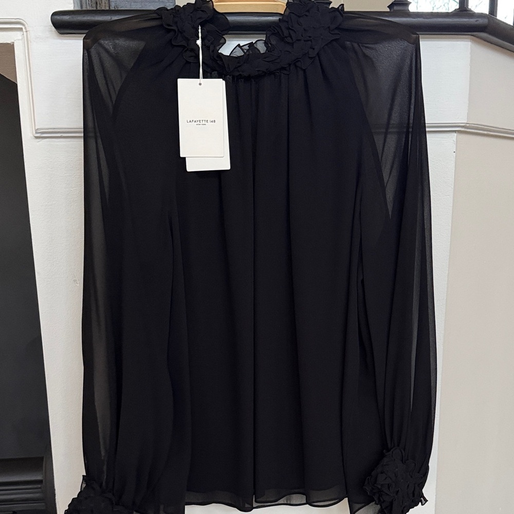Lafayette 148 New York Black Ruffled Neck Long-Sleeve Sheer Blouse